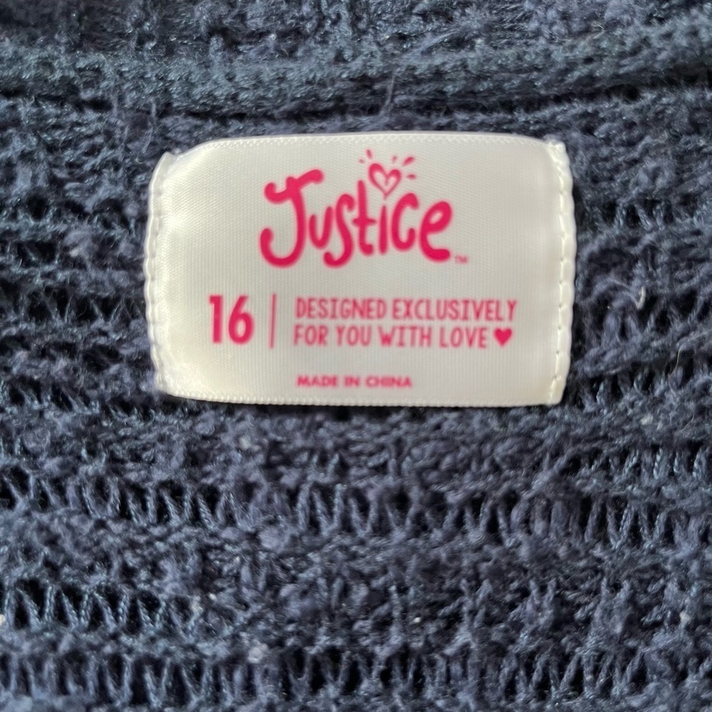 Justice navy blue/white long sleeve extra long cardigan sweater size girls 16 - Picture 2 of 2